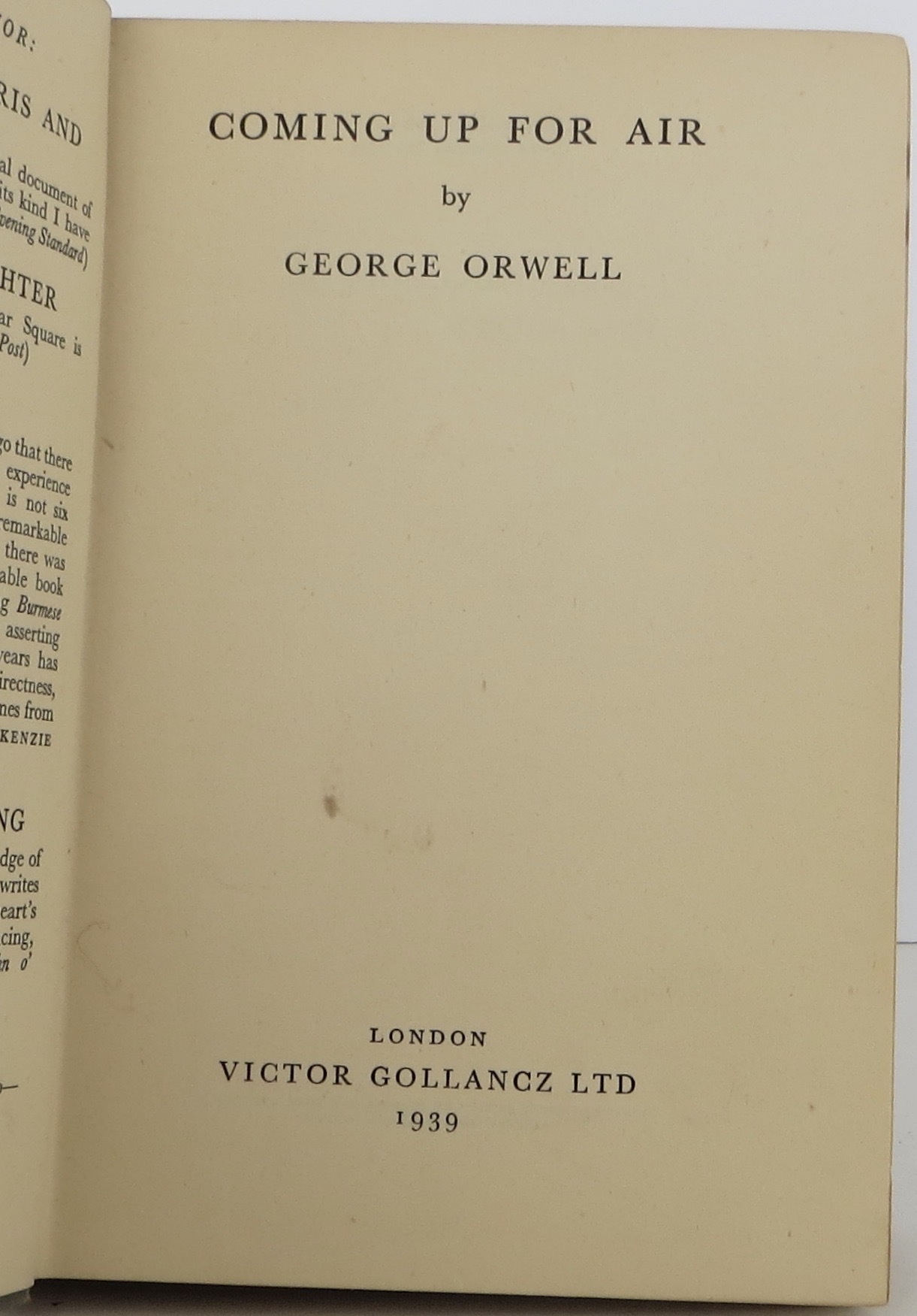 Coming Up for Air Orwell Second edition, same month as